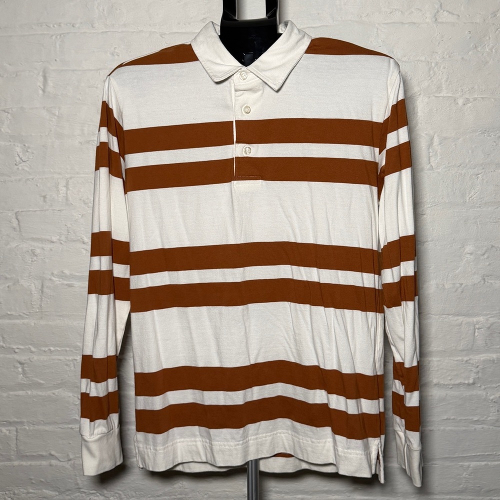 Bonobos Men's Long Sleeve Polo Shirt Rugby Top - White and Brown Stripes